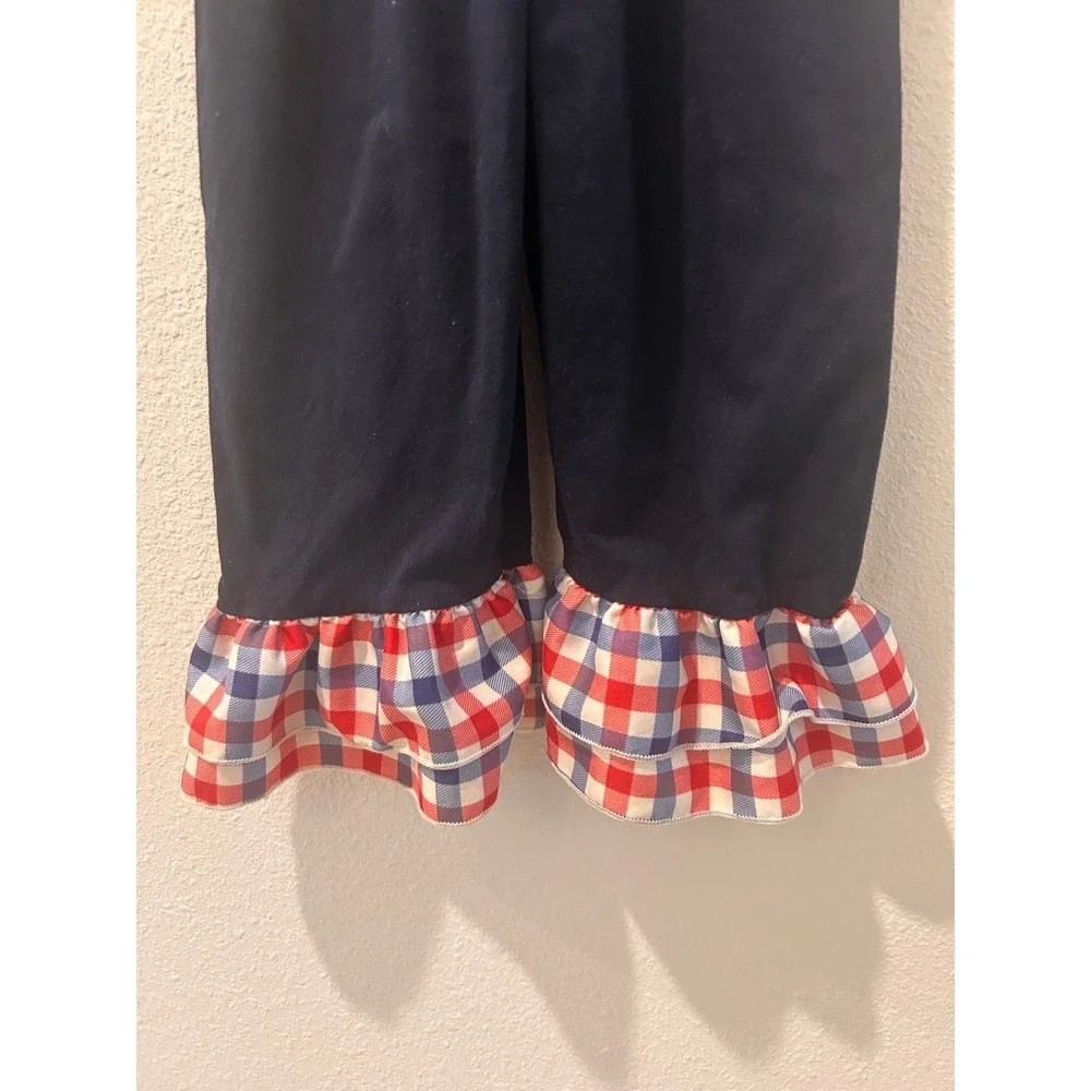 Navy Blue Baseball LOVE Gingham Ruffle Jumpsuit Kids Size Large (3/4T) Romper